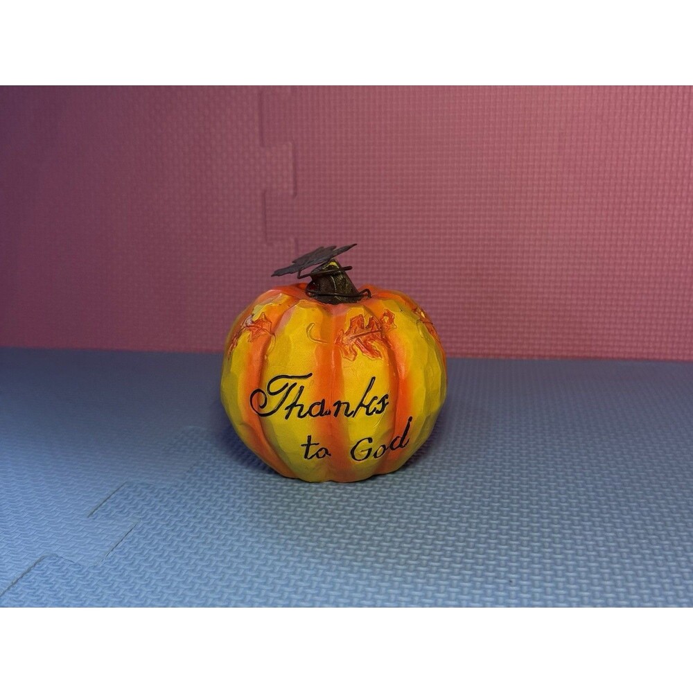Thanks to God Pumpkin Figurine Orange Yellow Seasonal Thanksgiving Decor